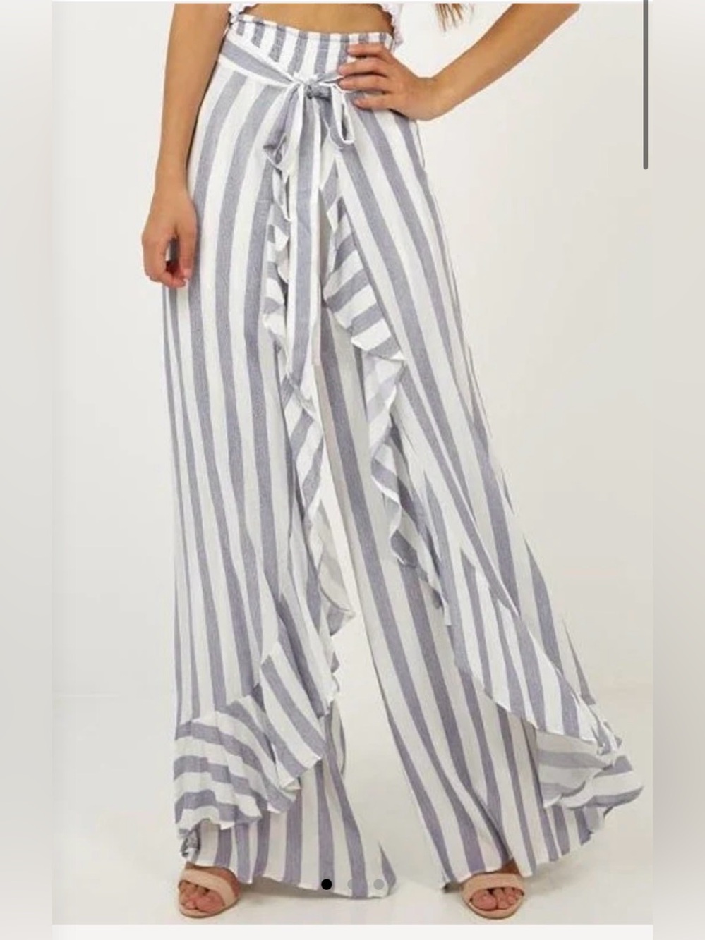 THE SANG FASHION RUFFLE BLUE MARINE TIE-UP RESORT PANTS size S wide leg